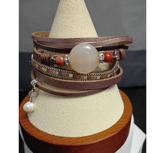 Vintage Leather Wrap Bracelet, Multilayer Boho Vibe with center Chalcedony Bead